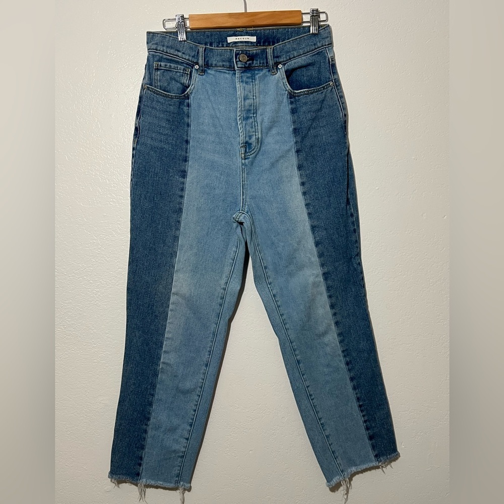 PacSun Jeans Womens 29 Blue High Rise Straight Two Tone Colorblock Raw Hem Denim